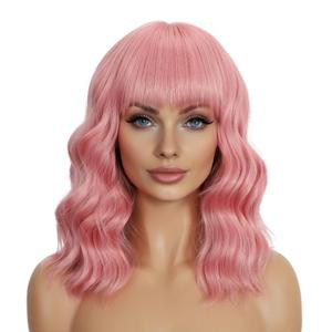Pink Wigs with Bangs for Women 14 Inch Shoulder Length Short Wavy Bob Wigs With Bangs Curly Wig Heat Resistant Synthetic Colorful Wavy Wigs Cosplay Wig For Daily Party Halloween