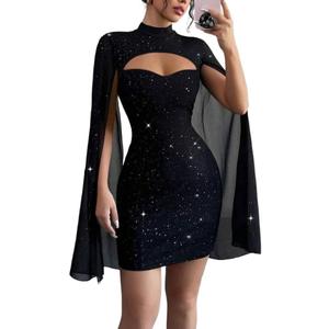 Women's Sequin Cloak Sleeve Dress Mock Neck Cocktail Long Flowy Sleeves for Going Out Fromal Prom Party (Black, L)