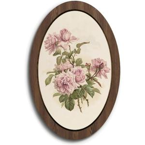 NaZaUK Vintage Floral Cottage Botanical Framed Wall Art Decor, Cottagecore Flower Botanical Oval Wall Hanging, Rustic Pink Rose Wooden Framed Decorations for Bathroom Bedroom (Pink Rose) 9x14.5 in