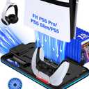 Kawaye PS5/Slim/Pro Stand and Cooling Station for PlayStation 5 Consoles, PS5/Pro/Slim Accessories with 3Level Cooler Fan, PS5 Controller Charger, Cooling Satnd, Headset Holder, 15 Game Slots, Black