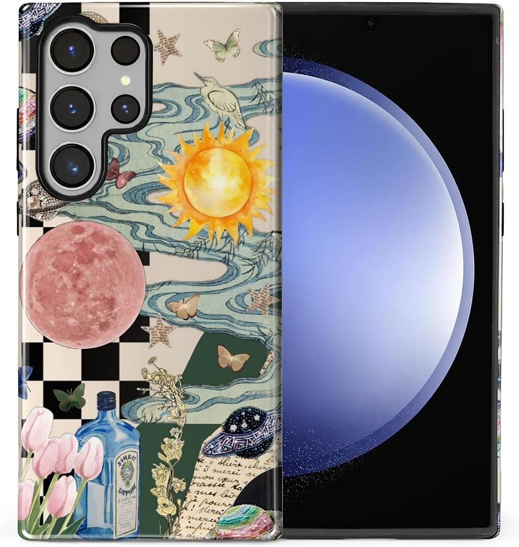 Case for Samsung Galaxy S25 Ultra,Hybrid Heavy Duty 2 in 1 Full Body Rugged Shockproof Protection Glossy Case for Samsung Galaxy S25 Ultra - Aesthetic Collage Moon and Sun