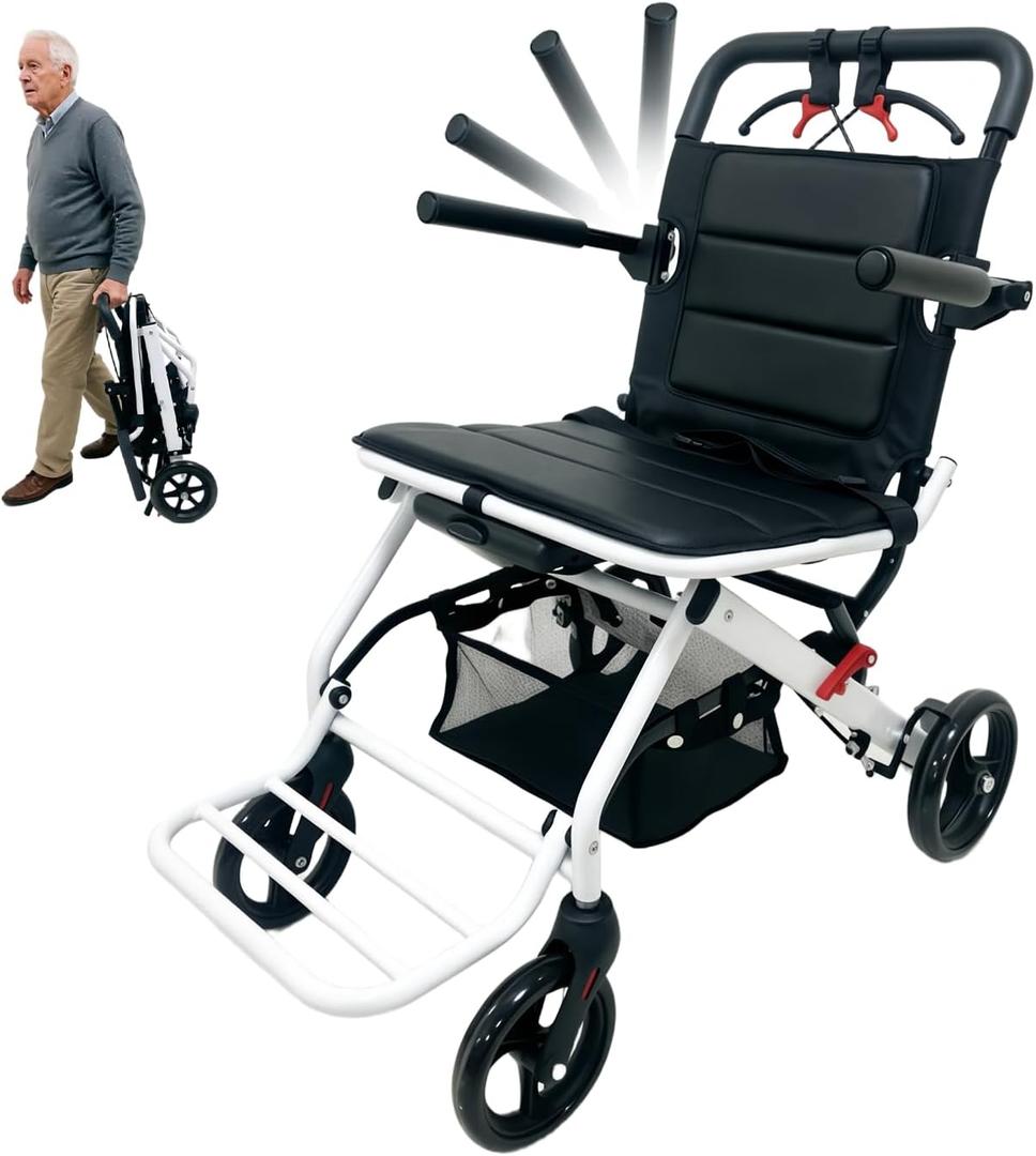 Foldable Transport Wheelchair for Adults & Seniors | Lightweight Portable, 360 Swivel Wheels & Brakes, Carbon Steel, Compact Mobility Aid, For Seniors, Home & Travel