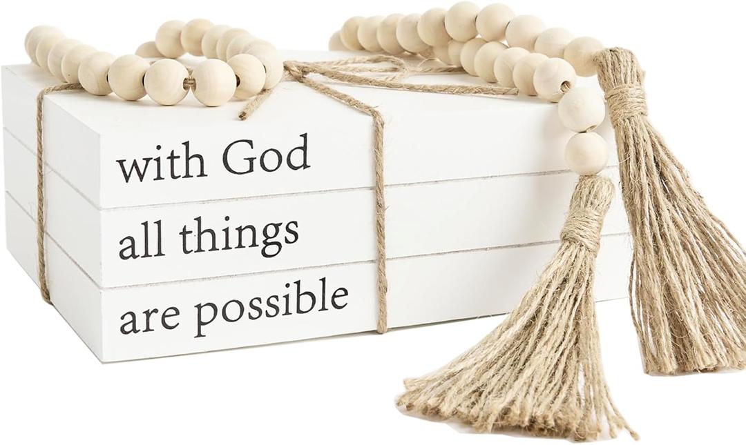 Decorative Books for Home Decor, White Faux Books for Decoration, Rustic Farmhouse Stacked Display Books (with God All Things are Possible)