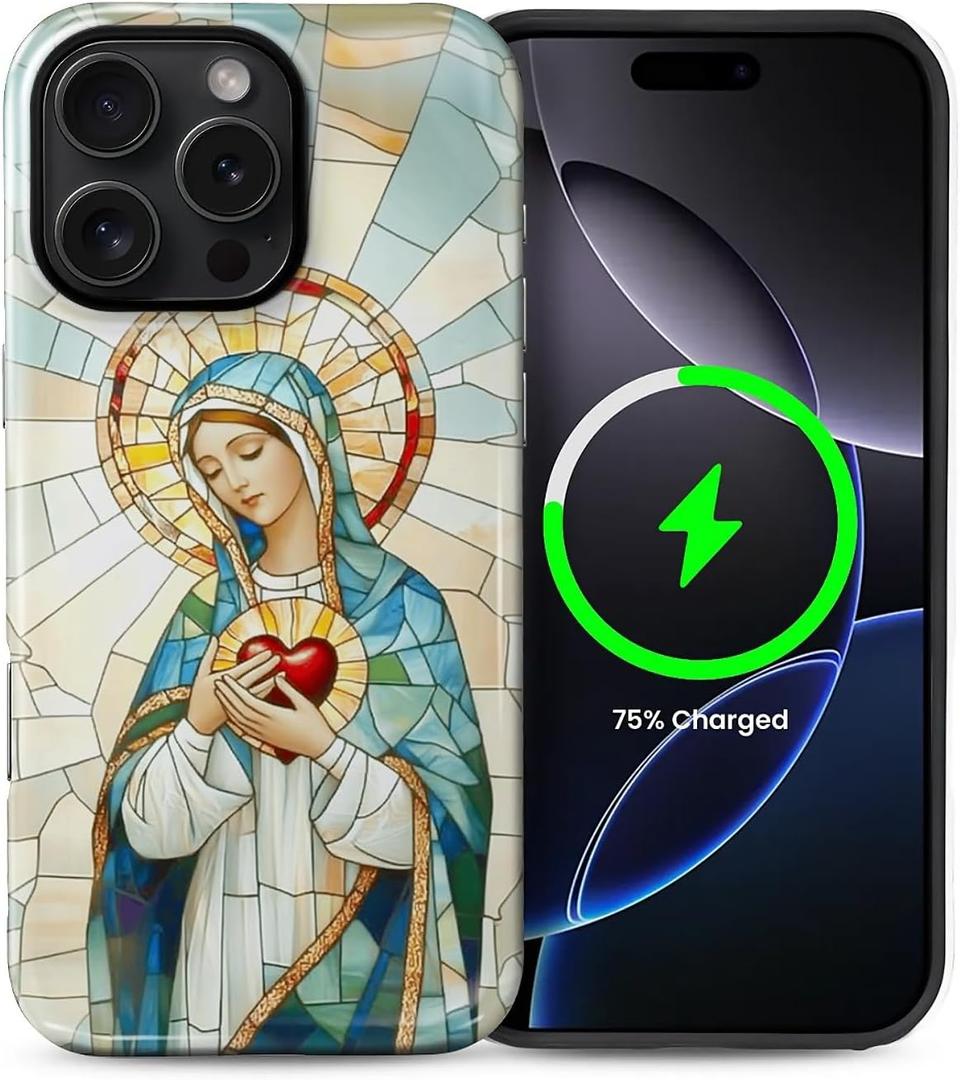 Case for iPhone 16 Pro Max [Compatible with MagSafe], Glossy Soft Silicone + Hard PC Anti-Scratch Shockproof Protective 2-in-1 Case for Women - Stained Glass Heart of Mary