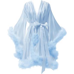 Feather Fur Robe Silk Satin Bridal Dressing Gown Sexy Illusion Lingerie Nightgown Bathrobe Sleepwear Small