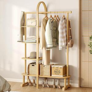 41.2" Wooden Coat Rack with 4 Shelves and 5 Hooks,Freestanding Clothing Rack,Solid Rubber Wood Entryway Organizer for Coats, Shoes, Bags and Hats, Walnut