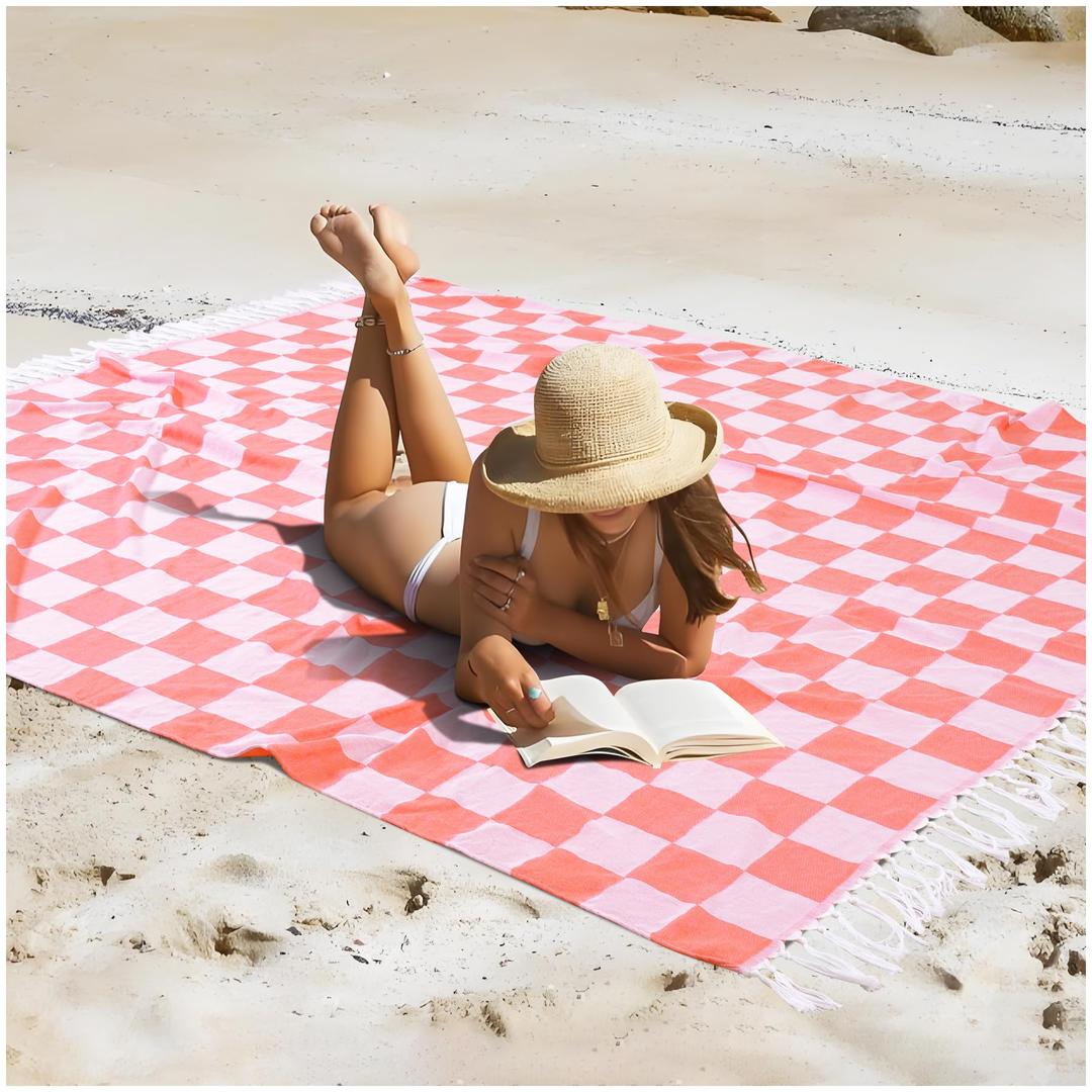 Extra Large Turkish Beach Towel Picnic Mat Throw Blanket Oversized Sand Free Quick Dry Resistant Lightweight Sandless Cloud Hawaii Honeymoon Travel Essentials Xl Big Jumbo Women Summer Vacation Gift, Checked Coral, Giant Large 82'' x 90''