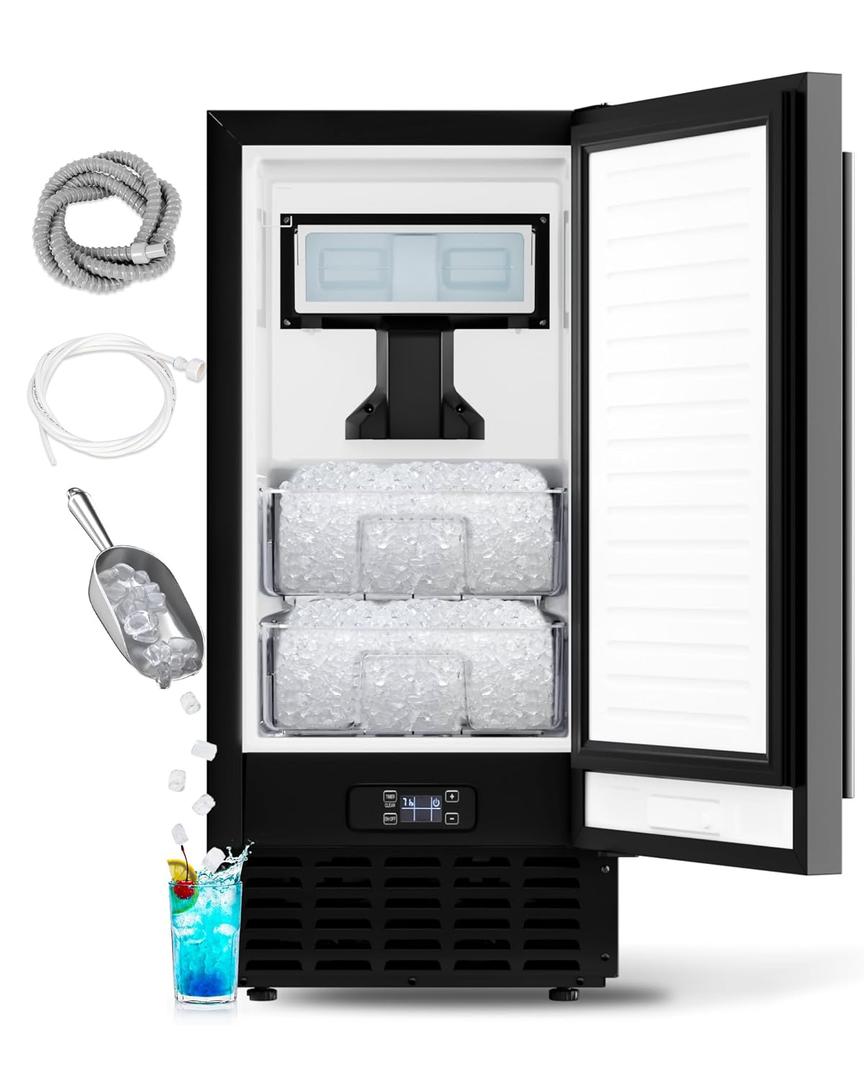 Nugget Ice Maker, 70 Lb/Day Under Counter Ice Machine | 2-Drawer Ice Baskets, Built-in or Freestanding, Auto-Cleaning Function, 24H Timer, Black Finish, for Home Bar Cafe Use