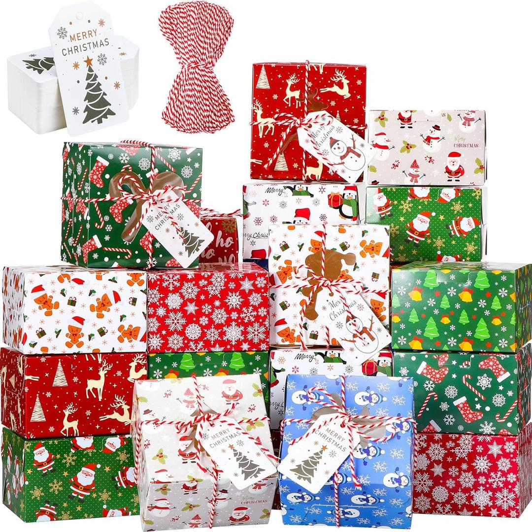 Maxcheck 100 Pack Christmas Cookie Boxes with Window - 4 x 4 x 2.5 Inches Treat Boxes for Bakery, Candy, Party Favors - Includes Twine and Gift Tags
