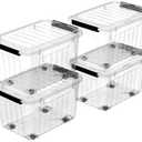 Cetomo Plastic Storage Bins, Lidded Storage Box with Wheels for Home Office Dorm, Wheeled, Stackable, Clear, 85Quart-4 Pack