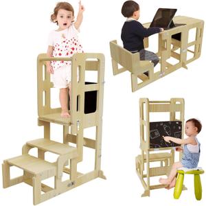 3 in 1 Toddler Kitchen Step Stool, Kids Tower with Chalkboard & Safety Rail, Foldable Weaning Table with Kids Step Stool, Standing Stool for Kitchen and Bathroom