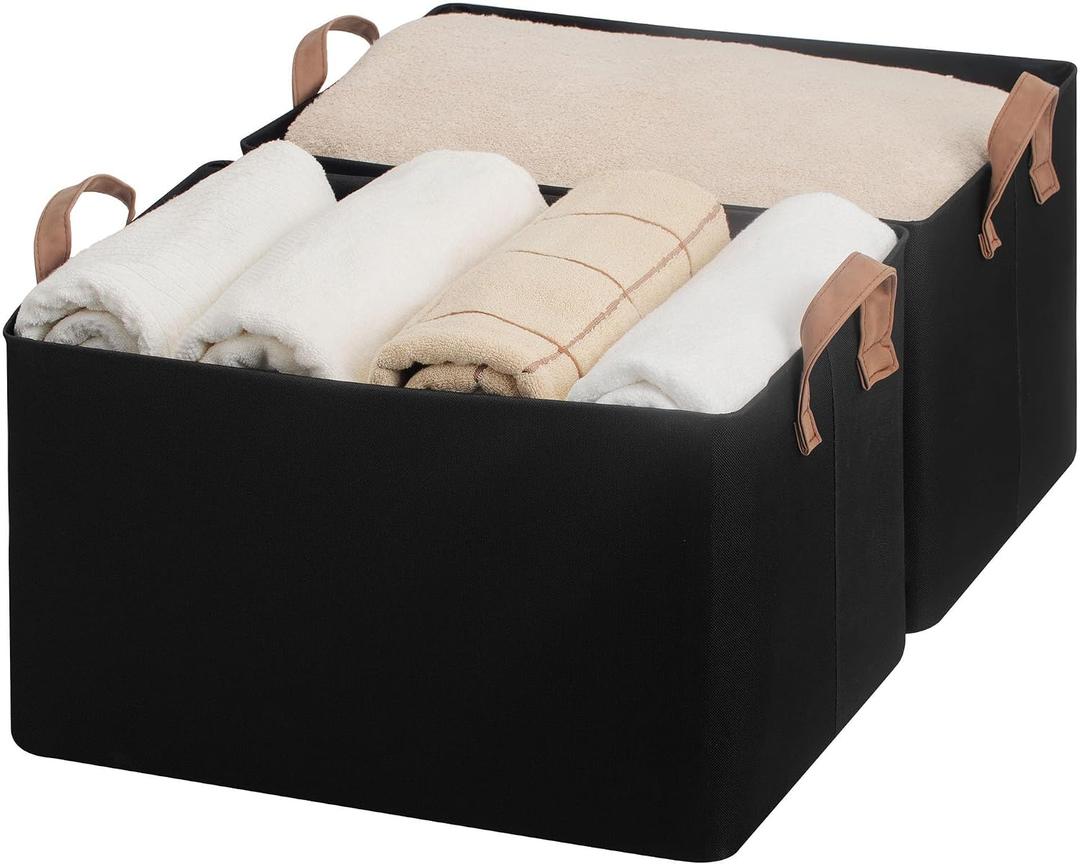 StorageWorks Fabric Storage Bins, Linen Closet Organizers, Black, 2-Pack