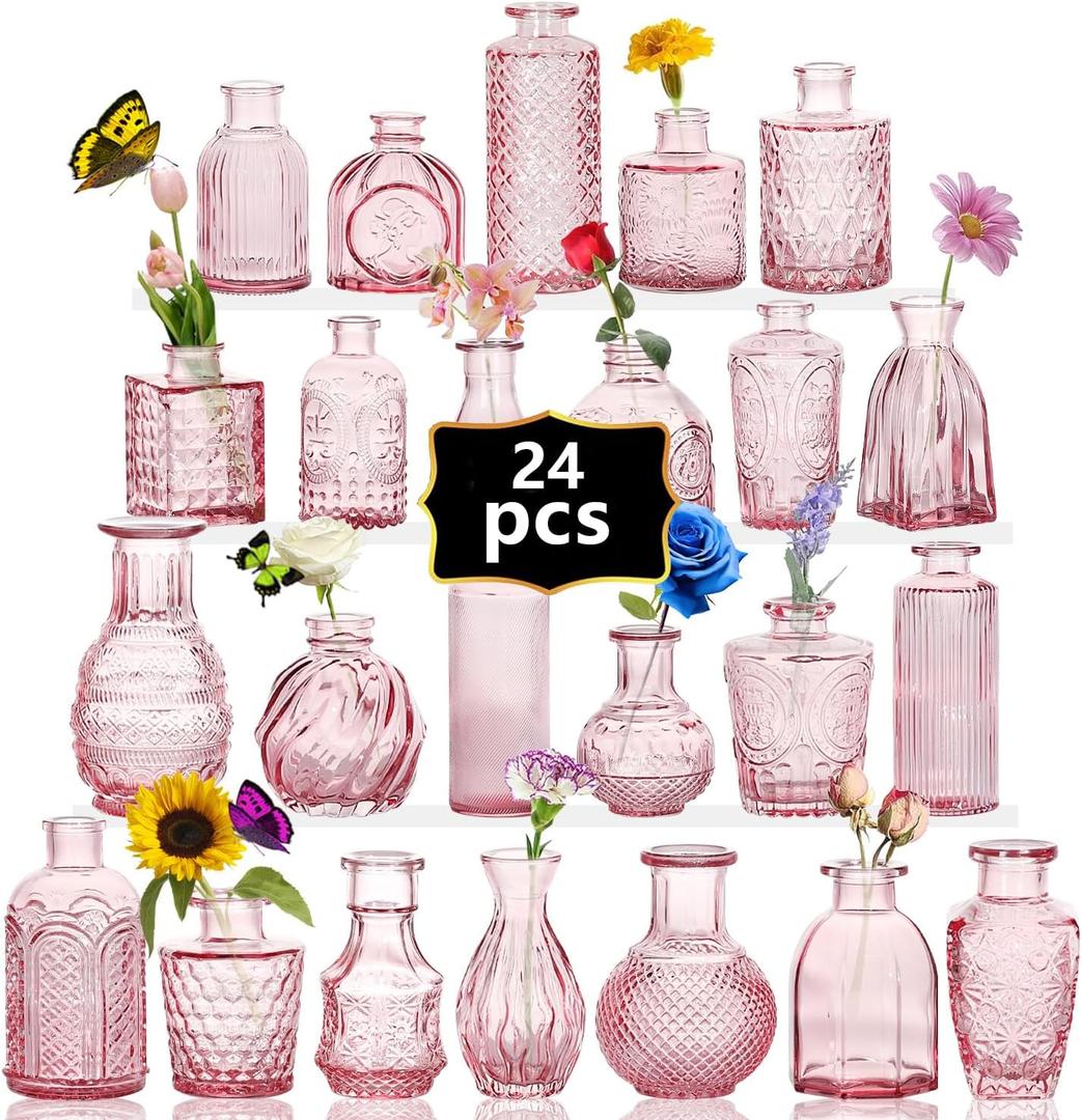 24PCS Mini Bud Vases As Wedding Centerpieces for Tables,Clear Bud Vases for Flowers,Small Flower Vases Suitable for Birthday Party,Anniversary,Wedding Reception,Baby Shower (Pink, 24PCS)