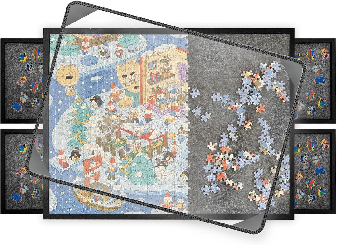 2000 Pieces Puzzle Board with 4 Sorting Trays & Protective Cover, 45.7" x 30.7" Portable Foldable Felt Puzzle Playing Surface - Lightweight Storage & Game Night Organizer