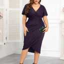 ZOMVA Plus Size 0X-4X Sparkly Glitter Ruched Bodycon Midi Dress Sparkle Sequin Wrap Ruffle Sleeve Dress Cocktail Party Formal, 3X