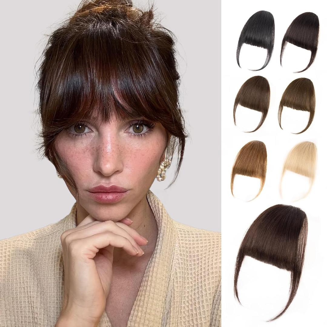 Clip in Bangs, 100% Real Human Hair Dark Brown Fake Bangs Clip in Hair Extensions Wispy Bangs Fringe with Temples Hairpieces for Women Curved Air Bangs for Daily Wear