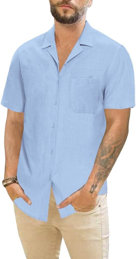 Mens Cotton Linen Short Sleeve Shirts Cuban Camp Button Down Beach Vacation Tops with Pocket (L)