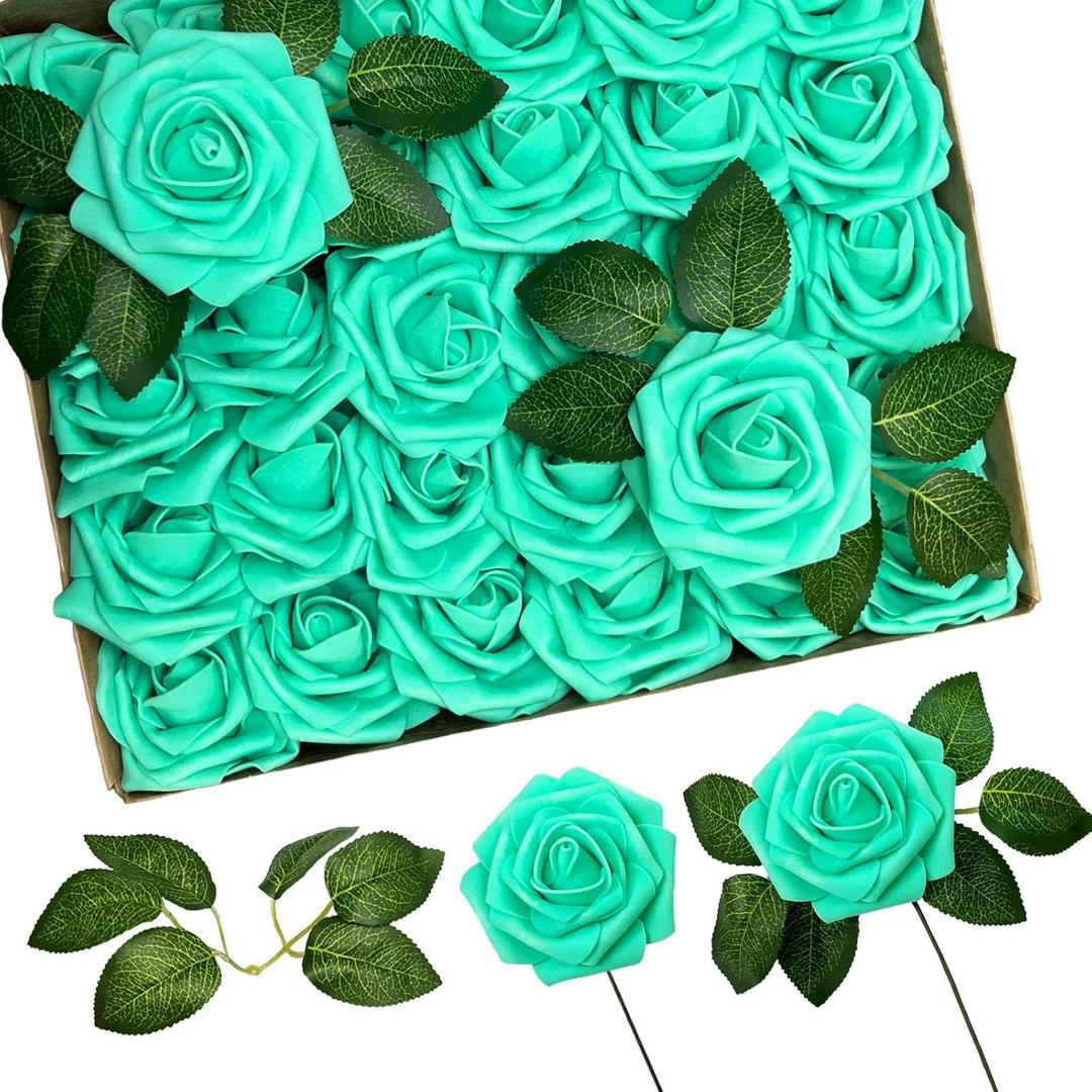 30Pcs Rose Artificial Flowers, Teal Foam Roses with Stems, Real Looking Fake Flower for DIY Wedding Bridal Bouquets, Bridal Shower, Arrangements Party Table Centerpieces Decor