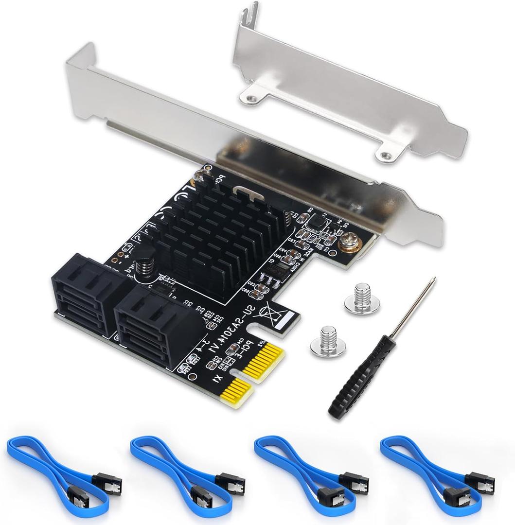 SATA Card, 4 Port SATA 3.0 Controller Expansion Card with 4 SATA Cable, 6Gbps PCIe SATA Card with Low Profile Bracket, Non-Raid, Boot as System Disk, Support 4 SATA 3.0 Devices