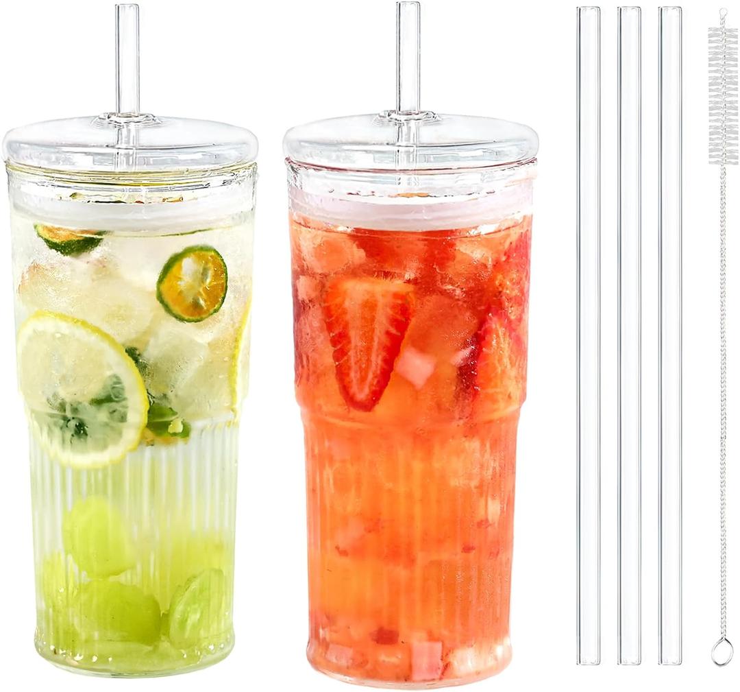 Puraville 2 Pack 20oz Glass Cups with Lids and Straws, Mason Jar High Borosilicate Drinking Glasses Iced Coffee Tumbler Smoothie Cup for Long Drinks, Clear (2 Clear)