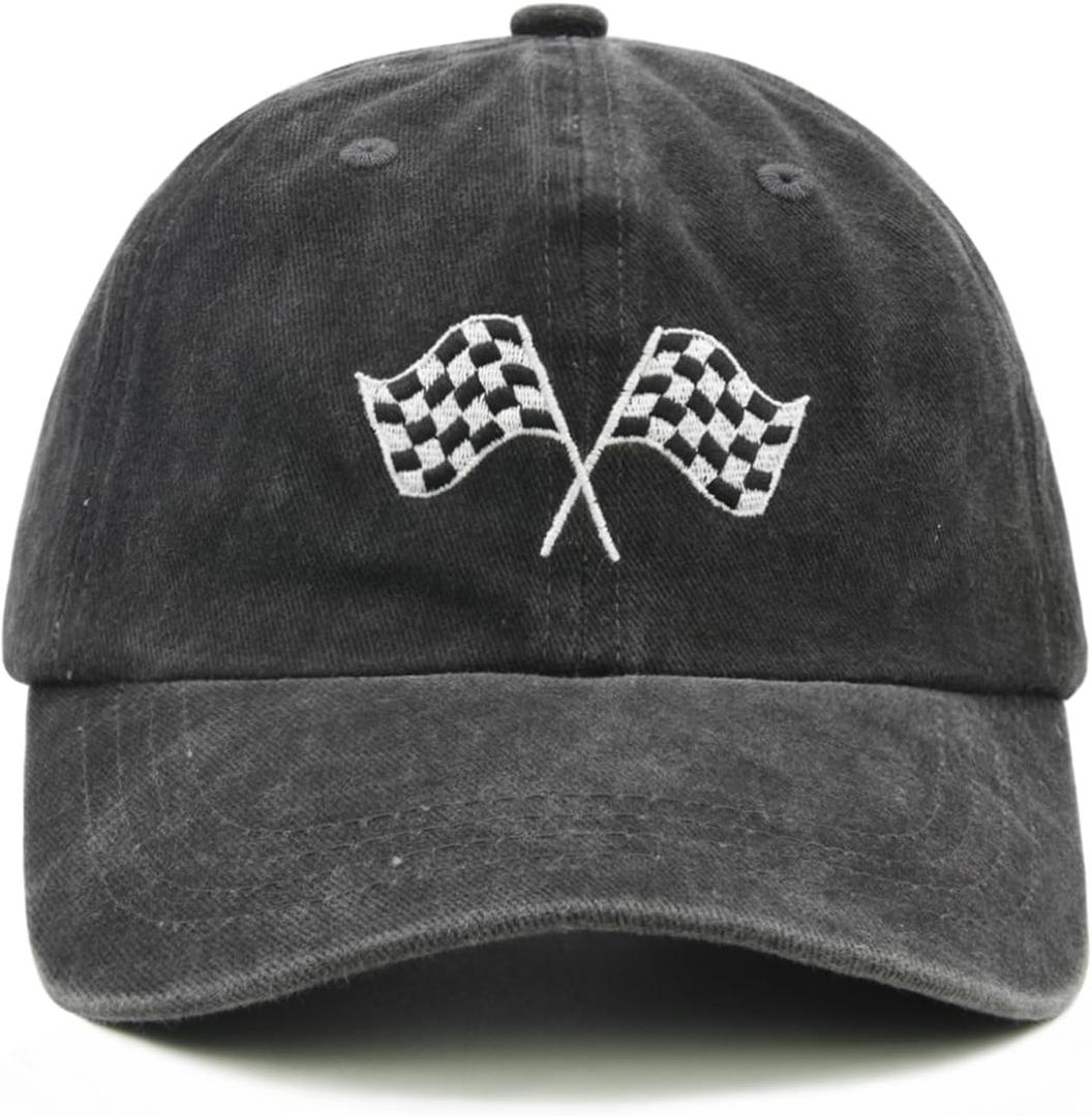 Racing Car Flag Hat for Men Women, Adjustable Embroidered Washed Race Car Baseball Cap (Black)