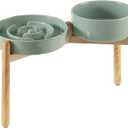 Havniva 3.2 Cup Ceramic Raised Slow Feeder Dog Bowl Set, Elevated 8.2inch Bowl and 9.5inch Puzzle Slow Food Dish with Wooden Stand for Large Dog, Anti-Gulping (2 x Light Green+ Stand)