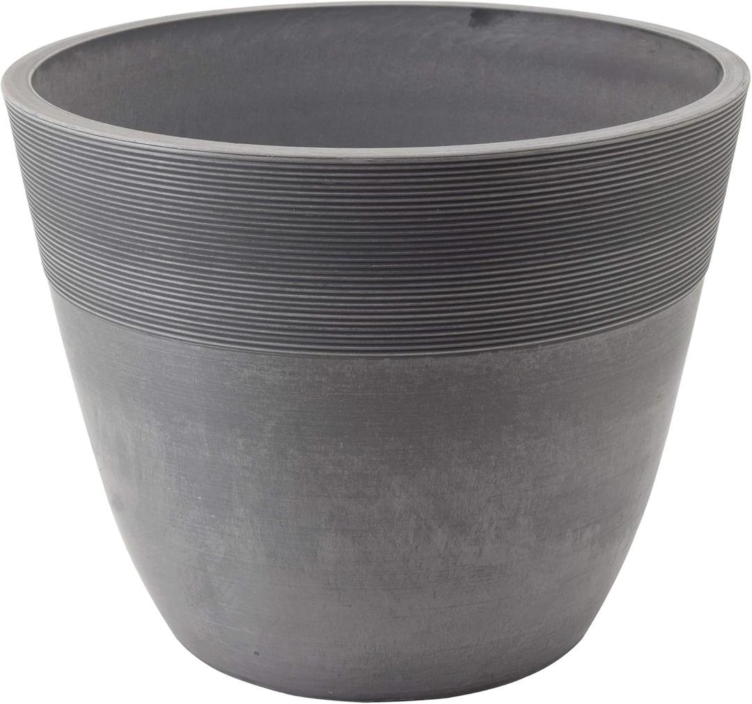PSW Pot Collection 12-inch Plastic/Stone/Wood Composite Large Ribbed Planter  No Drainage Hole (Drillable), Indoor/Outer Garden Pot for Foliage, Trees, Flowers, Ferns, Cement Gray