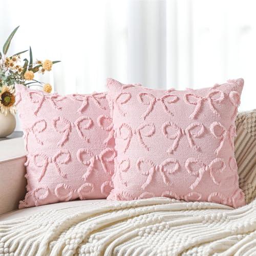 SmoothNovelty Pink Bow Pillow Covers 18x18 Set of 2 Coquette Preppy Room Decor Stuff Decorative Embroidered Pillow Cases Cute Aesthetic Fluffy Plush Bowknot Cushion Covers for Bedroom Couch Sofa