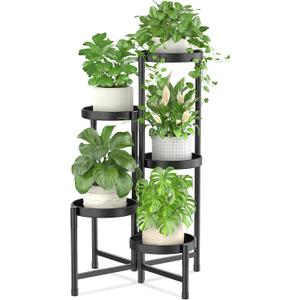 iDavosic.ly Plant Stand Indoor Outdoor, 5 Tier Corner Metal Flower Display Holder Shelf, Folding Tall Orchid Rack for Patio Balcony Porch Garden Living Room House, Black