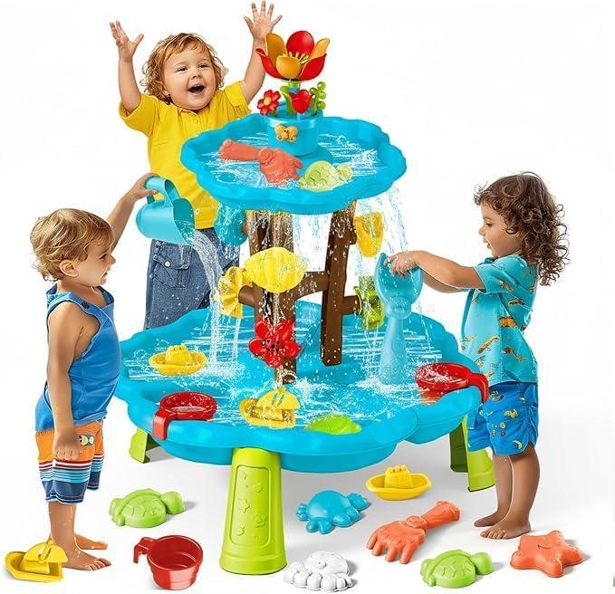 Linkowin Kids Flower Water Sand Table for Toddlers, 2 Tier Kids Outdoor Water Sand Play Table Toys, Splash Sensory Table for Summer Beach Activity Party for Boys Girls (Age 3+)