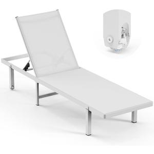 Lounge Chair Outdoor with Wheels, Aluminum Patio Chaise Lounge Chair with 5 Adjustable Backrest - Easy to Move- Pool Lounge Chairs for Deck, Beach, Poolside (White)