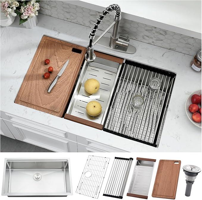 30 Inch Undermount Kitchen Sink - 30x16 Stainless Steel Workstation Kitchen Sink 10 Inch Deep Single Bowl Undermount Sinks with Accessories