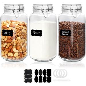Flrolove 78oz Glass Storage Jars with Airtight Lids Set of 3, Pantry Storage Containers with Lids, Square Large Airtight Glass Jars, Perfect for Kitchen Canning Cereal, Pasta, Flour, Coffee Beans