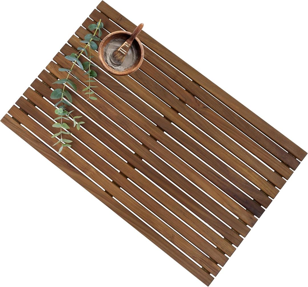 Sunnydaze Solid Teak Shower Mat - Spa-Inspired Large Wood Bath Mat for Indoor or Outdoor Use - 32" x 20"