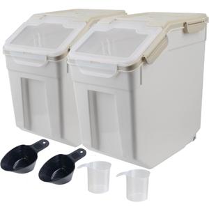 AnRui Airtight Flour Storage Container 25lb, Plastic Grain Storage Bucket, Rice Cereal Dispenser Organizer Box with Lid, Cat Dog Food Storage Bin with Measuring Cup, Scoop, Wheels, 2Pcs Grey