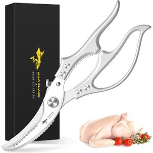 MAD SHARK Heavy Duty Poultry Shears, Kitchen Shears with Non-Slip Handle & Safety Lock, All Purpose Kitchen Scissors for Chicken, Meat Cutting, Turkey, Fish, Vegetables, Spring Loaded, Dishwasher Safe (Silver)