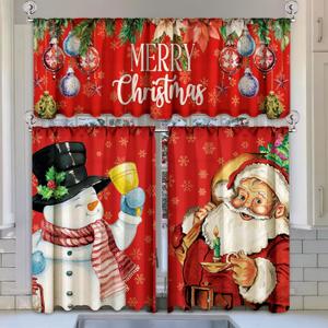 Breling 3 Pcs Christmas Kitchen Curtains Valances and Tiers Set for Windows Merry Christmas Snowman Santa Claus Decor Short Curtain Set for Bedroom Window Treatment Decor Party Favor Supplies