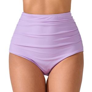 JOYBIK Women’s High Waisted Full Ruched Bikini Swim Bottoms Tummy Control Full Coverage Swimsuit Bottoms, Pink Purple 2XL