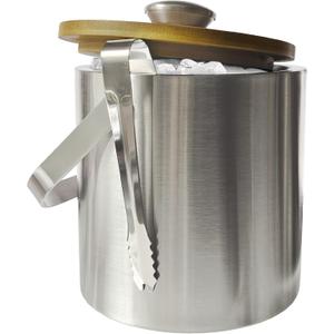Lily's Home Double Wall Insulated Small Ice Bucket with Bamboo Lid - Stainless Steel Ice Holder with Tongs and Strainer, Ideal for Parties,Camping,Kitchen, Tiki Bar, Cocktail Bar, Portable & Mini, 1.3L