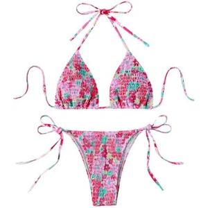 COZYEASE Women's 2 Piece Floral Bikini Sets Smocked Drawstring Side Triangle Halter Sexy Cute Swimsuits Small