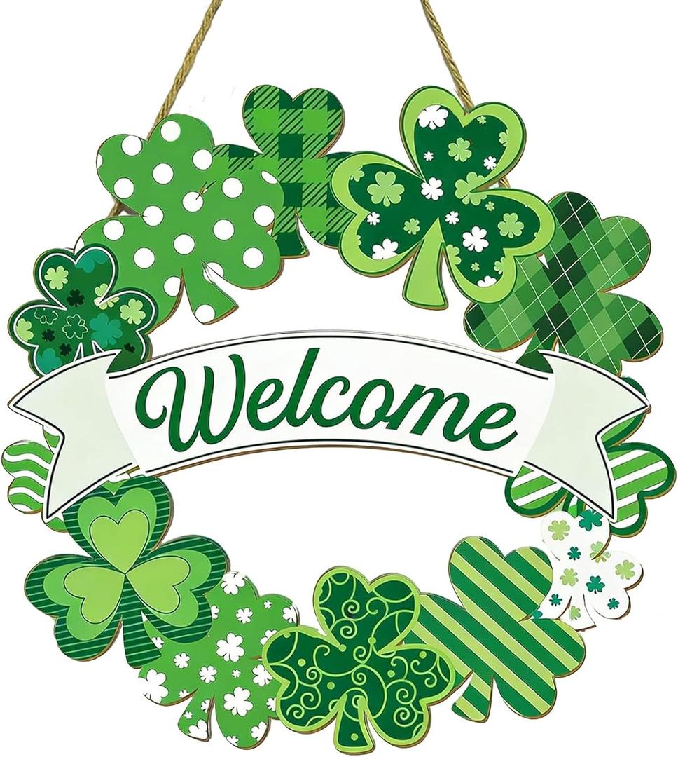 St. Patrick's Day Decoration, Shamrocks Welcome Wooden Hanging Sign, Spring Wreaths for Front Door, Irish Sign Welcome Hanging for St. Patrick's Day Home Decor Party