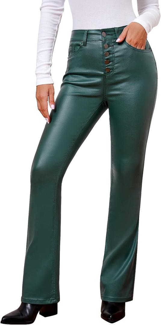 GRAPENT Flare Pants for Women High Wasited Stretchy Faux Leather Look Button Fly Jeans Trendy Bell Bottom Trousers (Small, Dark Green)