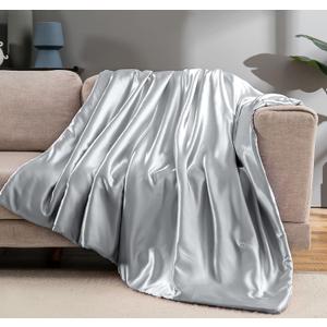 Vonty Satin Throw - Silver Grey Satin Blanket, 60x80 Inches, Cooling & Silky, Wrinkle-Free, Cable Knit for Couch, Sofa, Bed, Outdoor