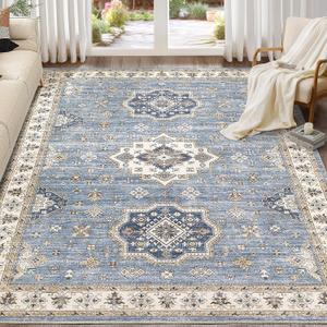 EIEIHOUSE Washable Area Rugs for Living Room -9x12 Neutral Vintage Distressed Floral Farmhouse Boho Large Soft Floor Rug Indoor Non Slip Carpet for Living Room Bedroom Dining Room Office - Blue