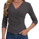 Womens V Neck Wrap Top Business Casual Long Sleeve Asymmetrical Ruched Top (Gray, XXL)