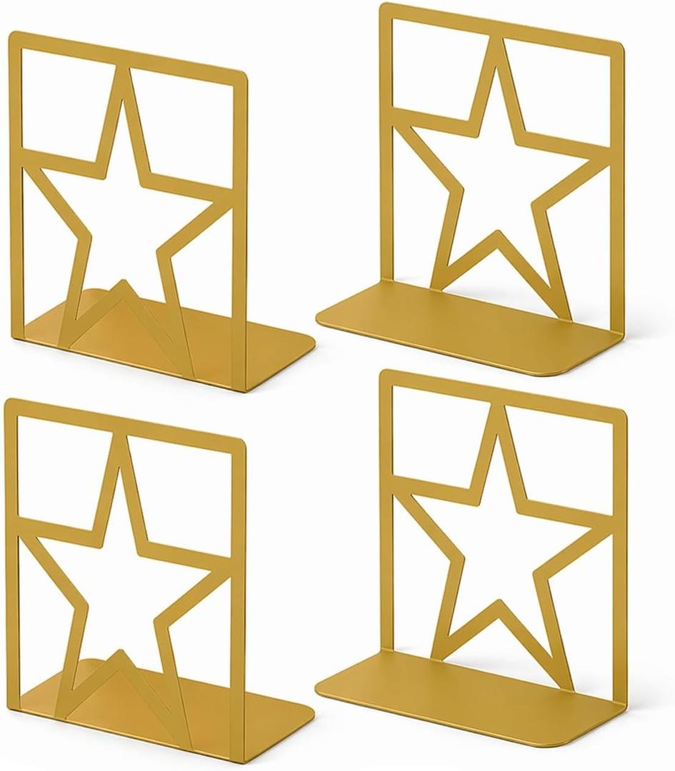 GEOMOD Gold Star Metal Bookends Heavy Duty for Desk & Shelves, Non-Slip Metal Bookends for Bookshelf End Holders, Modern Decorative Book Ends Gold, Book Holder for Office, Study & Home Library 2 Pairs