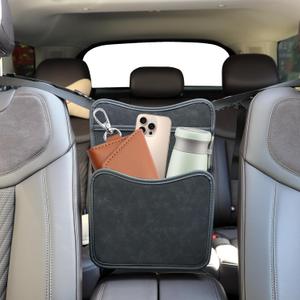 Leather Car Seat Organizer for Handbag/Purse  Fits Between Front Seats, Holds Wallet, Phone & Essentials. Black