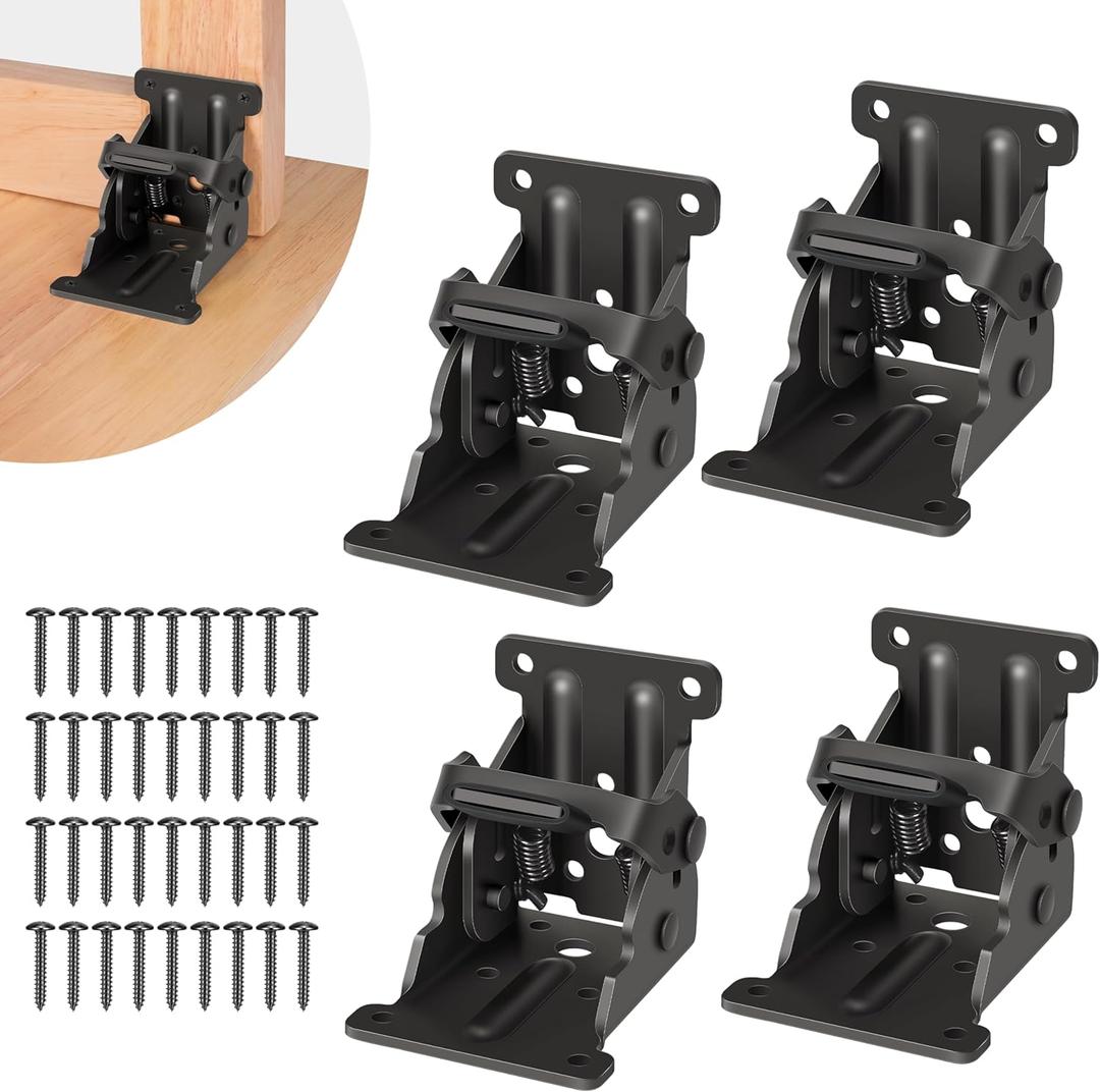 4 Pack Folding Brackets, Self-Lock Hinge with Screws for Folding Table Legs, Lock Extension Support Bracket Bed Legs, Black