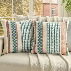 FUTEI Pack of 2 Boho Chenille Decorative Throw Pillow Covers 20x20 Inch Soft Plush Tufted Striped Textured Cushion Case,Farmhouse Accent for Couch Bed Living Room, Teal