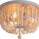 Q&S Wood Beaded Chandelier,Boho Farmhouse Light Fixture,Oak White,3 Lights,Semi Flush Mount Ceiling Light Fixtures for Hallway Baby's Nursery Bedroom Kitchen Living Room